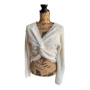 AKIRA Cream Pearl-Embellished Twist V-Neck Sweater